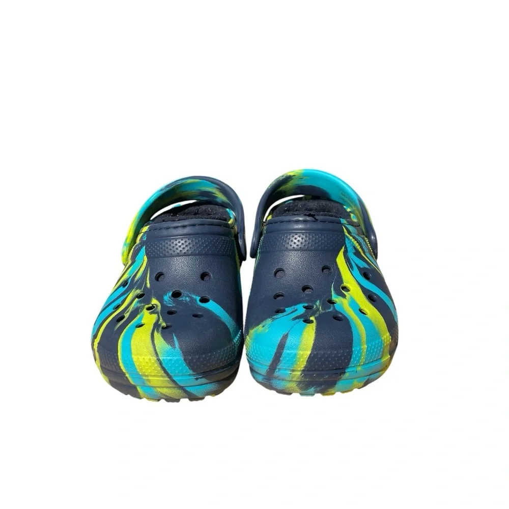 Lined Fuzzy CROCS Kids  - Blue and Yellow
